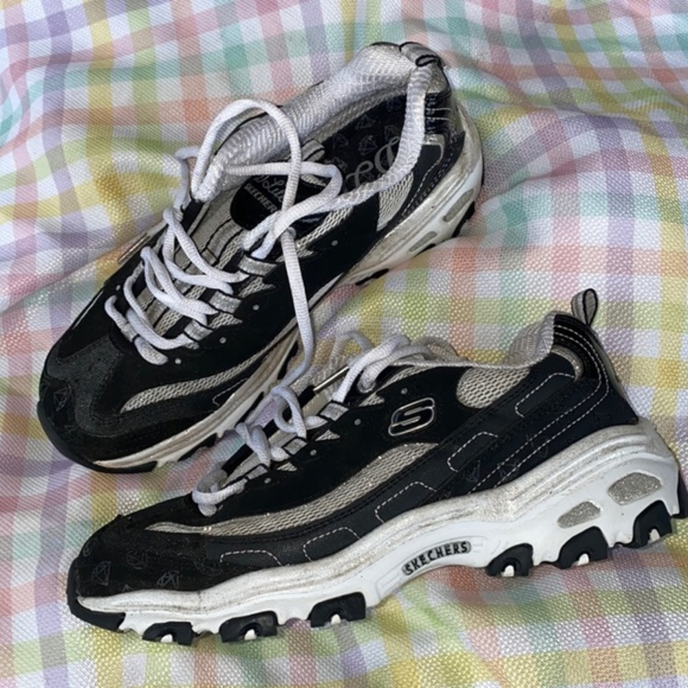 Skechers D’Lites Diamond Anniversary Sneakers Black White Size 8